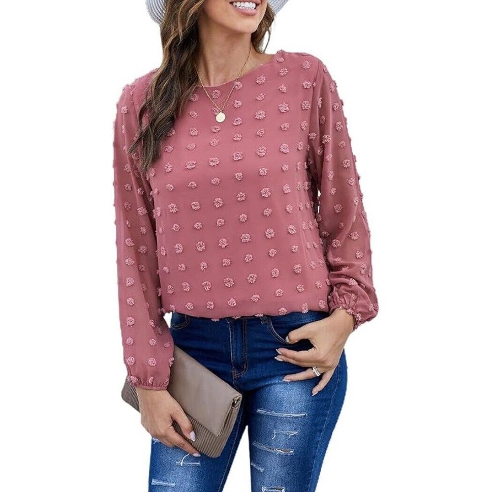 Boutique Swiss Dot Smocked Waist/Cuffs Size M Pullover Blouse Dusty Rose